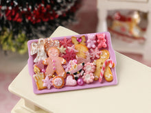 Load image into Gallery viewer, Assortment of Pink Christmas Themed Cookies on Tray - Handmade Miniature Dollhouse Food