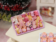 Load image into Gallery viewer, Assortment of Pink Christmas Themed Cookies on Tray - Handmade Miniature Dollhouse Food