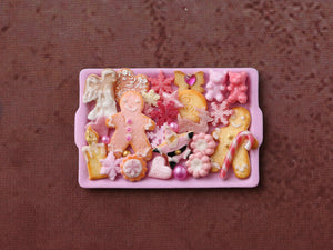 Assortment of Pink Christmas Themed Cookies on Tray - Handmade Miniature Dollhouse Food