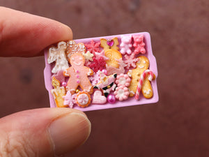 Assortment of Pink Christmas Themed Cookies on Tray - Handmade Miniature Dollhouse Food