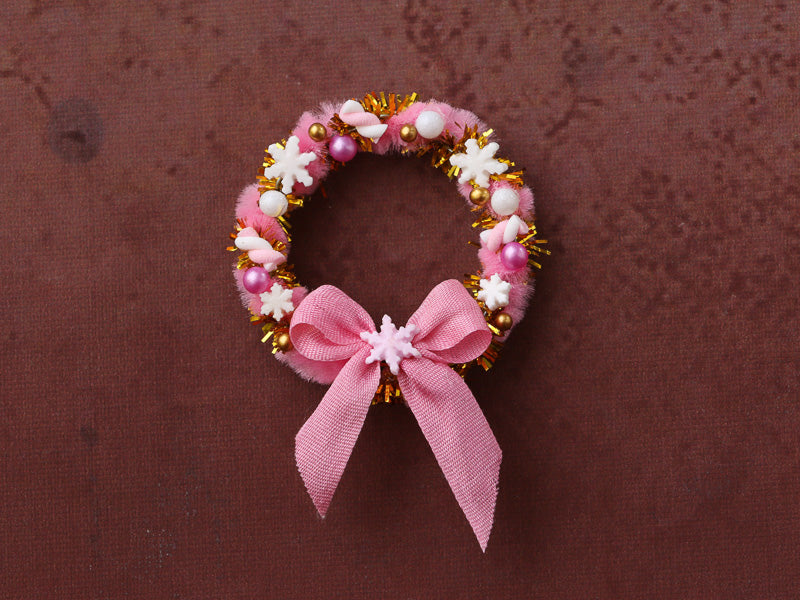 Decorative Pink Christmas Door Wreath with Cookies and Pink Bow - Miniature Decoration