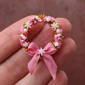 Decorative Pink Christmas Door Wreath with Cookies and Pink Bow - Miniature Decoration