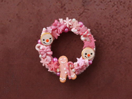 Pink Christmas Wreath with Cookies and Gingerbread Man - Miniature Decoration