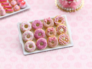 Tray of Decorated Pink Miniature Donuts on White Tray - Handmade Miniature Food