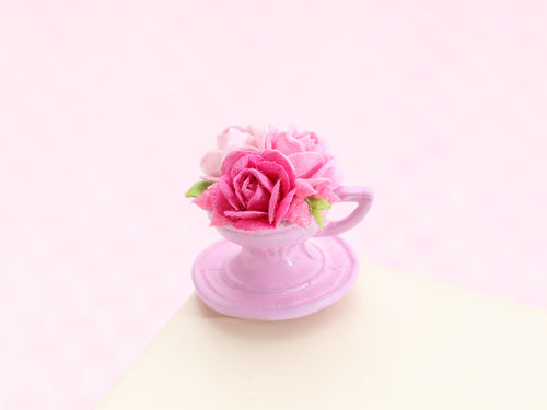 Pretty Floral Pink Rose Display in Vintage Pink Metal Teacup Planter - Dollhouse Miniature Decoration