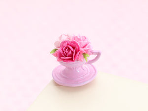 Pretty Floral Pink Rose Display in Vintage Pink Metal Teacup Planter - Dollhouse Miniature Decoration