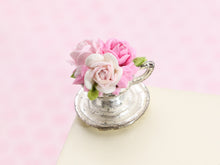 Load image into Gallery viewer, Pretty Floral Pink Rose Display in Vintage Silver Metal Teacup Planter - Dollhouse Miniature Decoration
