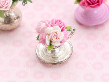 Load image into Gallery viewer, Pretty Floral Pink Rose Display in Vintage Silver Metal Teacup Planter - Dollhouse Miniature Decoration