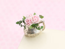 Load image into Gallery viewer, Pretty Floral Pink Rose Display in Vintage Silver Metal Jug Planter - Dollhouse Miniature Decoration