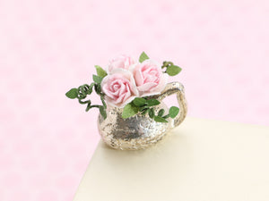 Pretty Floral Pink Rose Display in Vintage Silver Metal Jug Planter - Dollhouse Miniature Decoration