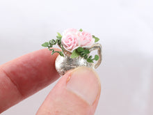 Load image into Gallery viewer, Pretty Floral Pink Rose Display in Vintage Silver Metal Jug Planter - Dollhouse Miniature Decoration