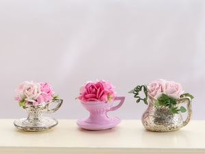 Pretty Floral Pink Rose Display in Vintage Silver Metal Teacup Planter - Dollhouse Miniature Decoration