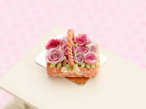 Rectangular Basket Cake with Pink Roses - Handmade Miniature Food