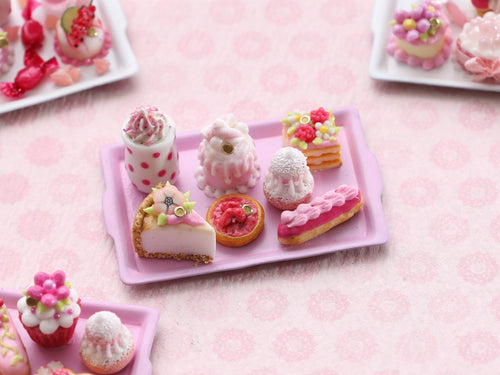 Pink French Pastries - Pink Tray - Handmade miniature dollhouse food