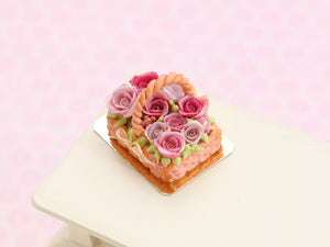 Rectangular Basket Cake with Pink Roses - Handmade Miniature Food