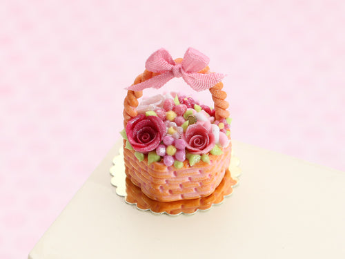 Hexagonal Basket Cake with Pink Roses and Blossoms - Handmade Miniature Food