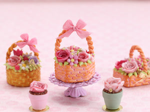 Hexagonal Basket Cake with Pink Roses and Blossoms - Handmade Miniature Food