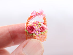 Hexagonal Basket Cake with Pink Roses and Blossoms - Handmade Miniature Food