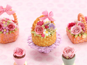 Basket Cake with Pink Roses, Tulip Cookies - Handmade Miniature Food