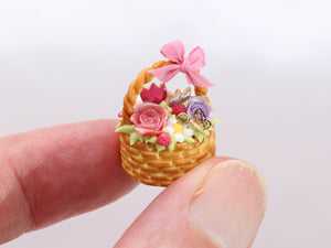 Basket Cake with Pink Roses, Tulip Cookies - Handmade Miniature Food