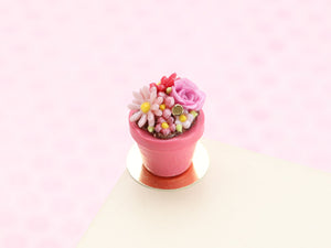Floral Cake (Rose, Marguerite) In Pink Flower Pot - Handmade Miniature Food