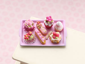 Pink French Pastries - Pink Tray - Handmade miniature dollhouse food