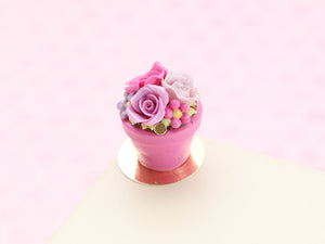 Pink Roses Cake In Pink Flower Pot - Handmade Miniature Food