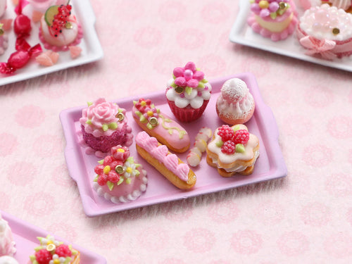 Pink French Pastries - Pink Tray - Handmade miniature dollhouse food