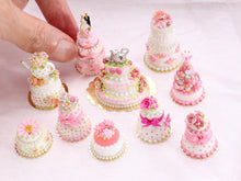 Load image into Gallery viewer, Pink Celebration Cake, Pink Roses, Pink Bow, Gold Dots - Handmade Miniature Food