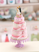Load image into Gallery viewer, Three Tier Wedding Cake with Bride and Groom Topper - Handmade Miniature Food