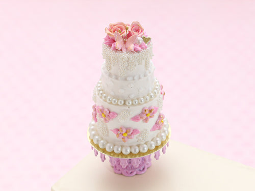 Three Tier Pink Wedding / Celebration Cake, Roses, Butterfly, Blossoms  - Handmade Miniature Food