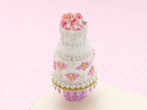 Three Tier Pink Wedding / Celebration Cake, Roses, Butterfly, Blossoms  - Handmade Miniature Food