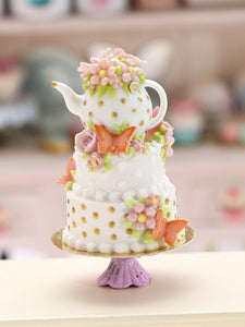 Teatime Celebration Cake, Teapot, Butterflies, Pink Roses - Handmade Miniature Food