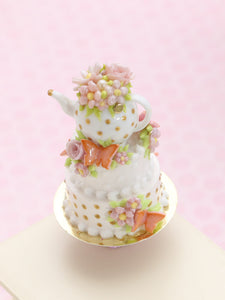 Teatime Celebration Cake, Teapot, Butterflies, Pink Roses - Handmade Miniature Food
