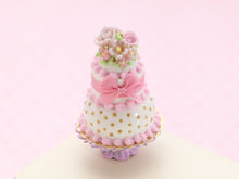 Load image into Gallery viewer, Pink Celebration Cake, Pink Roses, Pink Bow, Gold Dots - Handmade Miniature Food