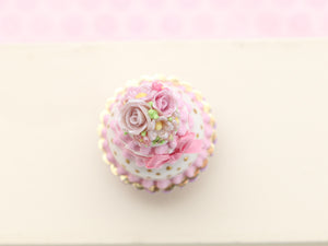 Pink Celebration Cake, Pink Roses, Pink Bow, Gold Dots - Handmade Miniature Food