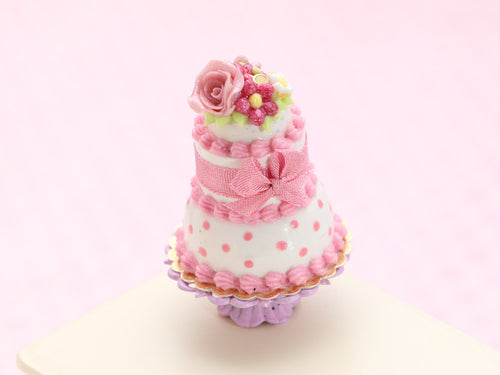 Pretty Pink Cake, Pink Rose, Pink Ribbon, Pink Dots - Handmade Miniature Food