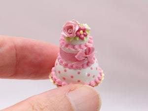 Pretty Pink Cake, Pink Rose, Pink Ribbon, Pink Dots - Handmade Miniature Food