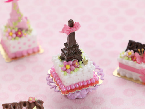 Dark Chocolate Eiffel Tower, Pink Cake, Tour Eiffel - Handmade Dollhouse Miniature