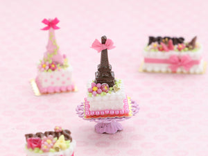Dark Chocolate Eiffel Tower, Pink Cake, Tour Eiffel - Handmade Dollhouse Miniature