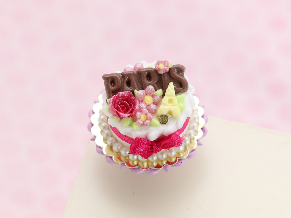 Milk Chocolate PARIS Cake, Dark Pink Rose and Bow, White Chocolate Eiffel Tower - Handmade  Miniature Food