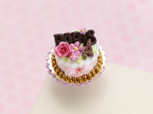 Dark Chocolate PARIS Cake, Pink Rose and Light Pink Bow, Milk Chocolate Eiffel Tower - Handmade  Miniature Food