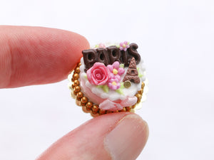 Dark Chocolate PARIS Cake, Pink Rose and Light Pink Bow, Milk Chocolate Eiffel Tower - Handmade  Miniature Food