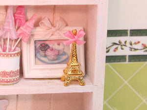 Decorative Golden Eiffel Tower (Tour Eiffel) Ornament with Pink Bow - 12th Scale Dollhouse Miniature