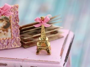 Decorative Golden Eiffel Tower (Tour Eiffel) Ornament with Pink Bow - 12th Scale Dollhouse Miniature