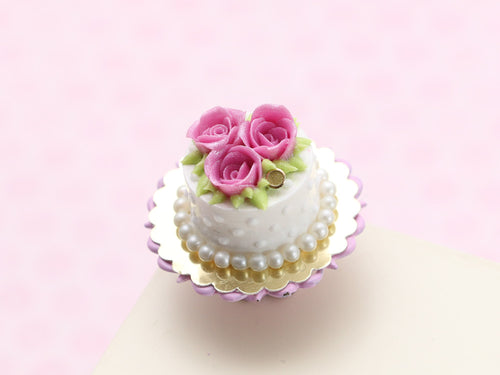 Three Pink Rose Cake Green Foliage - Handmade Miniature Food