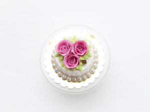 Three Pink Rose Cake Green Foliage - Handmade Miniature Food