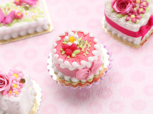 Raspberry and White Blossom Cake - Handmade Miniature Food
