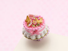 Load image into Gallery viewer, Pink Cake with Rose, Two Butter Cookie Butterflies - Handmade Miniature Food