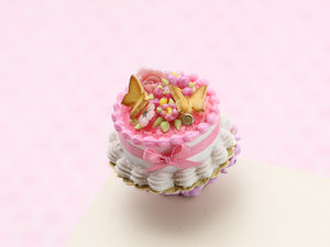 Pink Cake with Rose, Two Butter Cookie Butterflies - Handmade Miniature Food